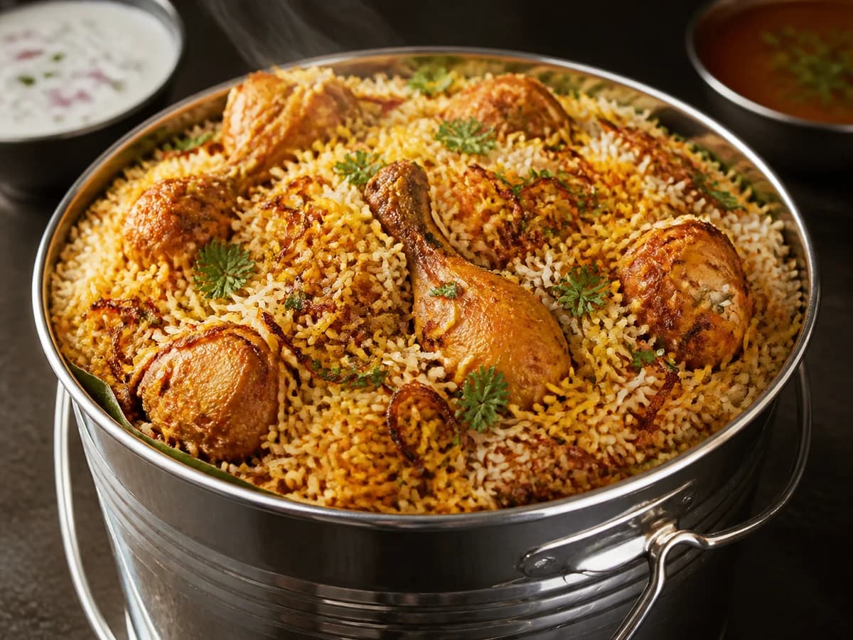 Chicken biryani styled food image for Chicken Bucket Biryani Combo – 1 kg
