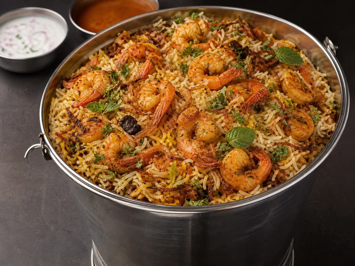Prawn biryani styled food image for Prawn Bucket Biryani Combo – 1 kg